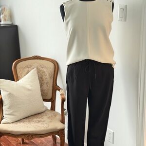Set. Cream Sleeveless Top w/ Eyelets & Black Striped Pants